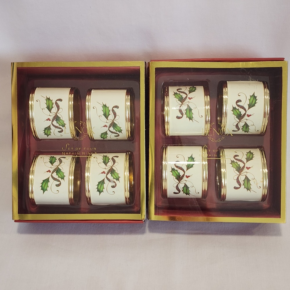 8 Lenox Holiday Nouveau Tartan  Napkin Rings‎ Ivory Gold Holly Berry Christmas